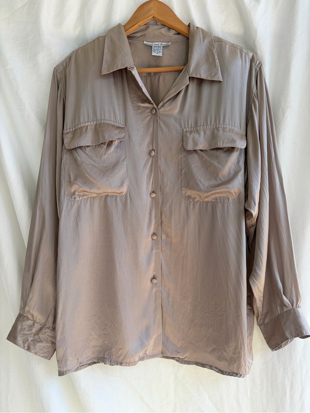 Vintage Anna and Frank 100% Silk Blouse Taupe Pocket Shirt M